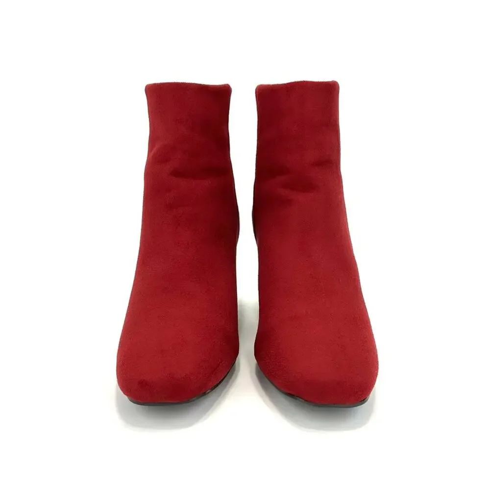 Journee Collection Red Block Heel Ankle Boot Size 7.5 Faux Suede Round Toe New